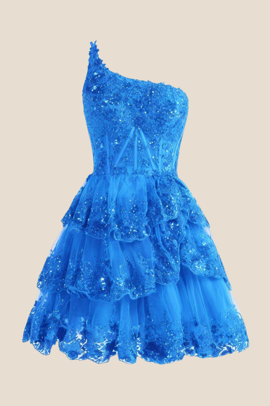 One Shoulder Blue Sequin Tiered Short Dress
