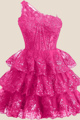 One Shoulder Blue Sequin Tiered Short Dress