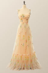 Champagne A-line Embroidered Long Formal Gown