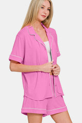 Hazel Blues® |  Zenana Button Down Short Sleeve Top and Shorts Lounge Set