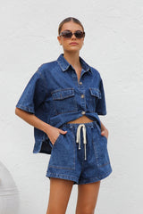 Hazel Blues® |  Collared Neck Button Up Top and Shorts Denim Set