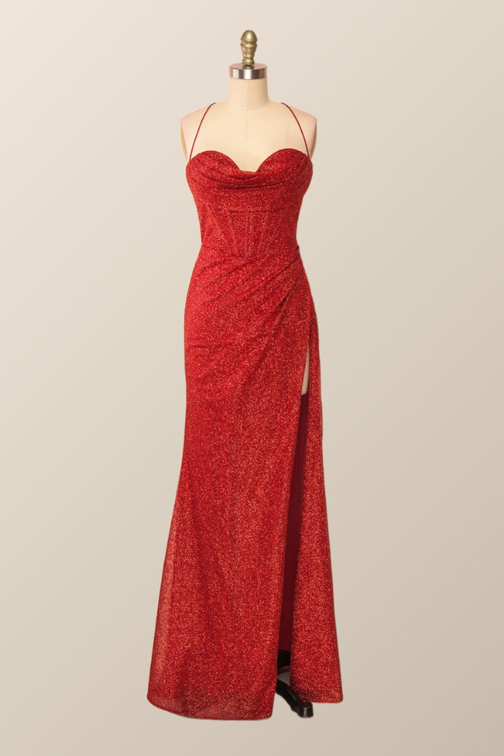 Fitted Red Cowl Neck Long Party Dress with Slit
