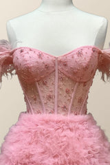 Off the Shoulder Pink Tiered Layers Long Formal Gown