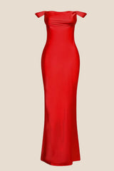 Off the Shoulder Red Soft Satin Long Dress